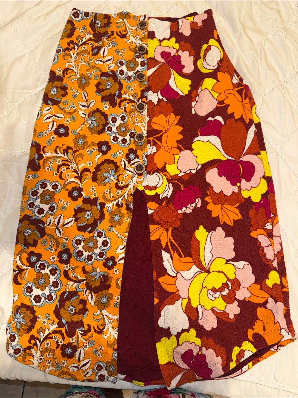 Anthropologie Floral Patchwork A-Line Midi Skirt in Orange, Burgundy and Yellow